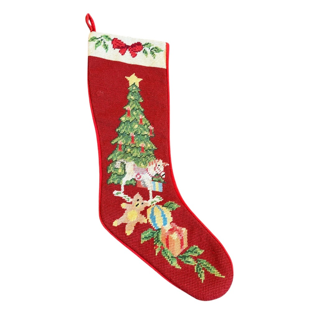 Vintage Handmade Needlepoint Christmas Stocking Red White Trim Festive Tree Gift